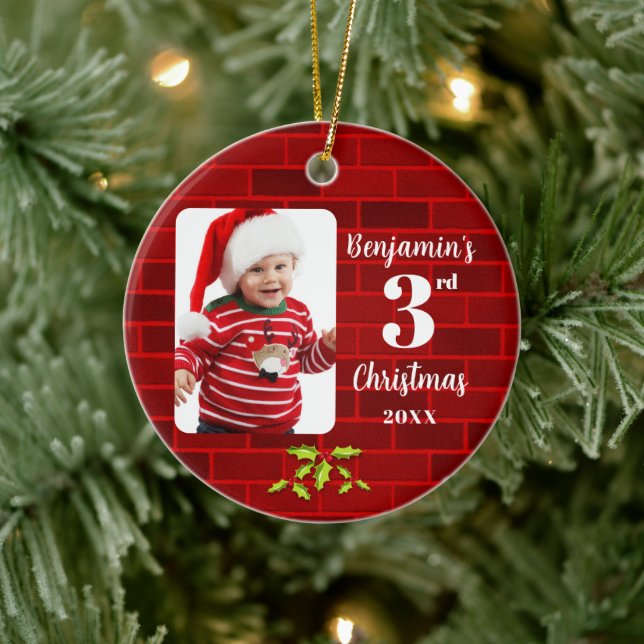 Baby's 3rd Christmas Red Brick Round Keepsake  Ceramic Ornament (Tree)