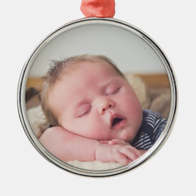 Baby's  Baby Photo Blue Christmas Metal Ornament (Front)