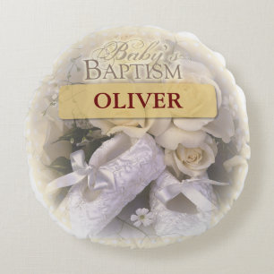 Baby's Baptism Neutral, Custom, Personalize, Ameli Round Pillow