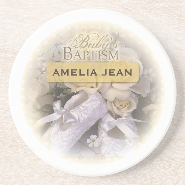 Baby's Baptism Neutral , Customizable Name, Amelia Coaster (Front)