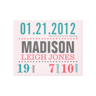 Baby's Birth Date Details Canvas - Cotton Candy