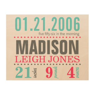 Baby's Birth Date Details - Cotton Candy Wood Wall Art