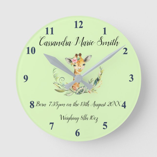 Baby's Birth Memento With Baby Giraffe Round Clock (Front)