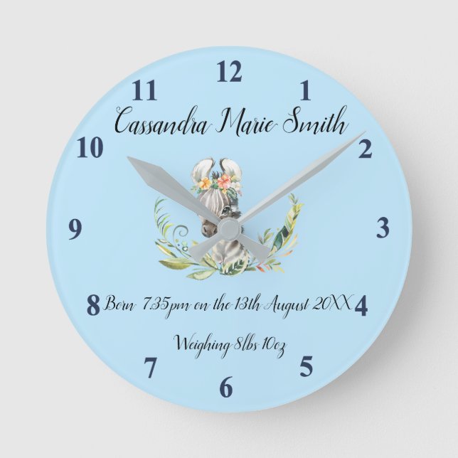Baby's Birth Memento With Baby Zebra Round Clock (Front)