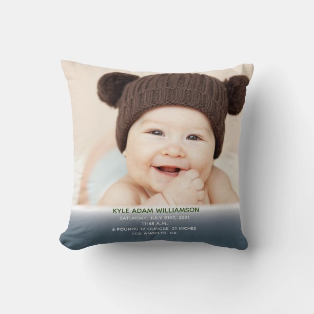 Baby's Birth Record Stats Blue Photo Throw Pillow (Front)