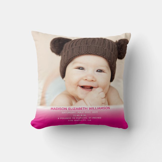 Baby's Birth Record Stats Photo Throw Pillow (Front)