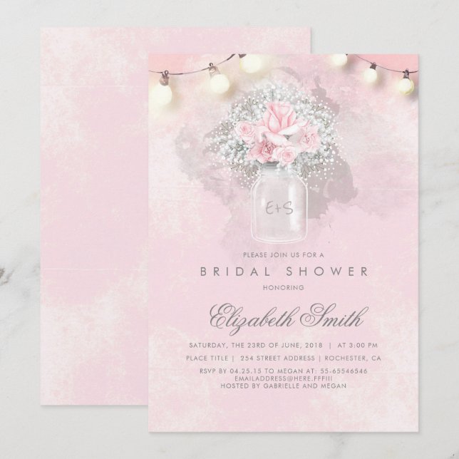 Baby's Breath and Pink Roses Rustic Bridal Shower Invitation (Front/Back)