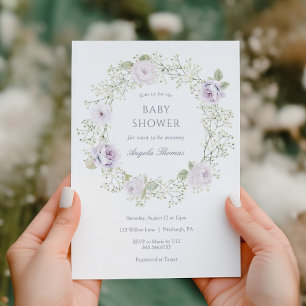Baby's Breath and Purple Roses Baby Shower Invitation