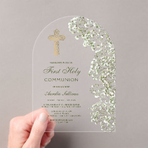 Baby's Breath Arch First Communion Acrylic Invitations