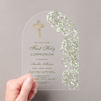 Baby's Breath Arch First Communion Acrylic Invitations