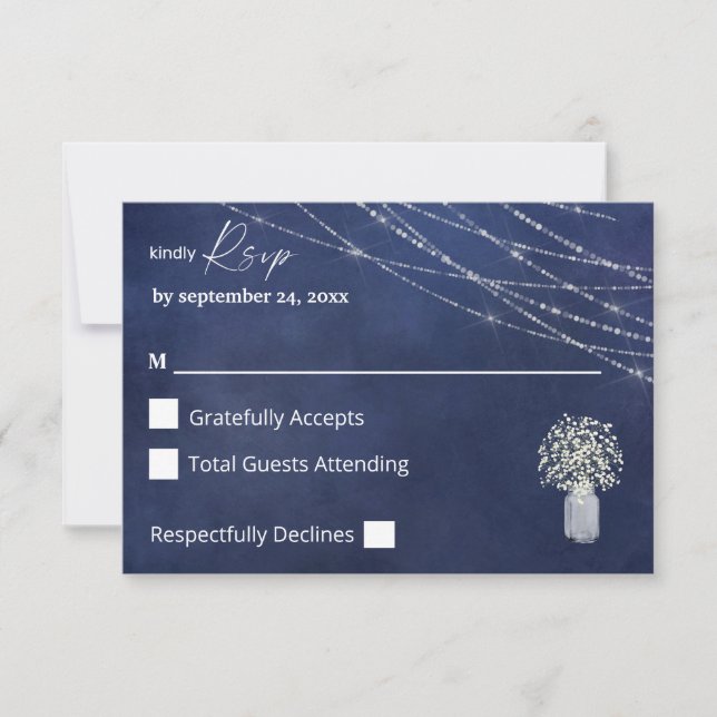 Baby's Breath, B Chalk & String Lights no Meal RSVP Card (Front)