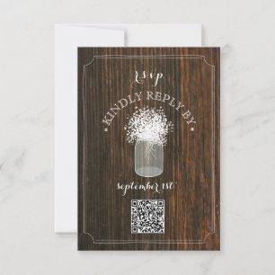 Baby's Breath Barn Wood Mason Jar QR Code RSVP Card