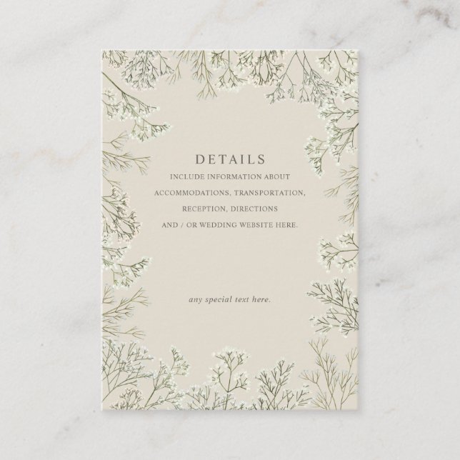 Baby's Breath Beige Wedding Details Vertical Enclosure Card (Front)