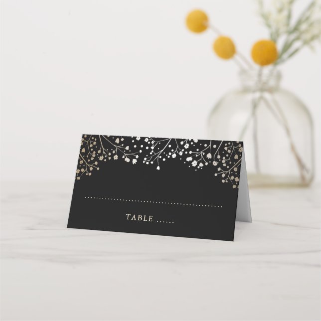Baby's Breath Black and Gold Wedding Place Card (Front)