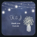 Baby's Breath, Blue Chalkboard String Lights Square Sticker<br><div class="desc">Make your invitations or thank you notes pop with your Baby's Breath,  Blue Chalkboard,  & Mason Jar String Lights Monogram sticker.</div>