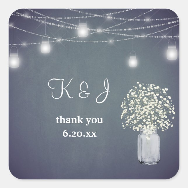 Baby's Breath, Blue Grey Chalkboard String Lights Square Sticker (Front)