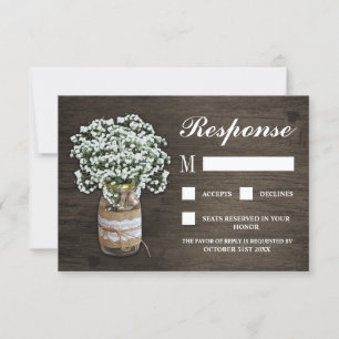 Baby's Breath Burlap Mason Jar Wedding RSVP Cards