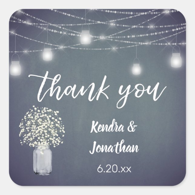 Baby's Breath Chalkboard BGra& String Lights Thank Square Sticker (Front)