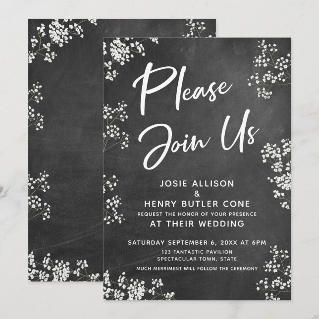 Baby's Breath Chalkboard Modern Please Join Us Invitation (Front/Back)
