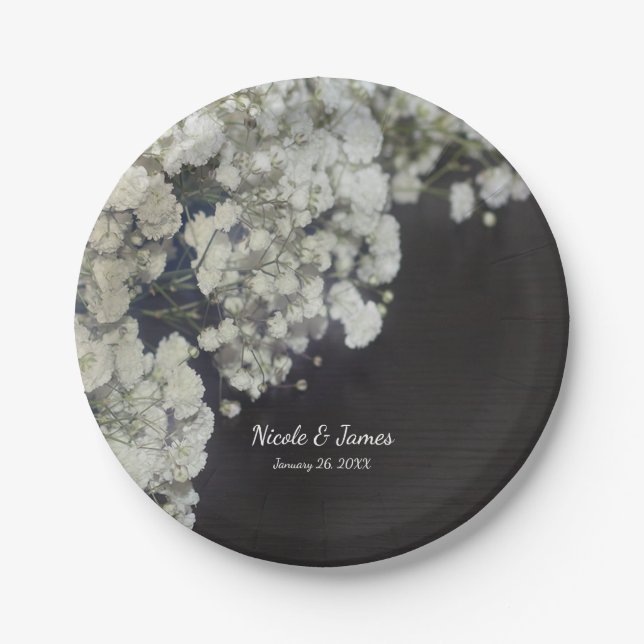 Baby's Breath & Dark Wood Elegant Floral Party Paper Plate (Front)
