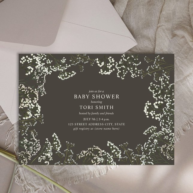 Baby's Breath Floral Dark Baby Shower Invitation (Creator Uploaded)