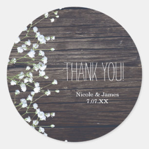Baby's Breath Floral & Dark Rustic Wood Wedding Classic Round Sticker