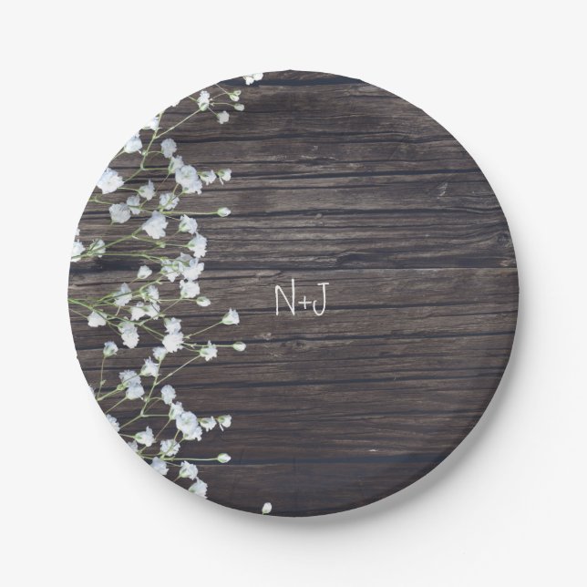 Baby's Breath Floral & Dark Rustic Wood Wedding Paper Plate (Front)