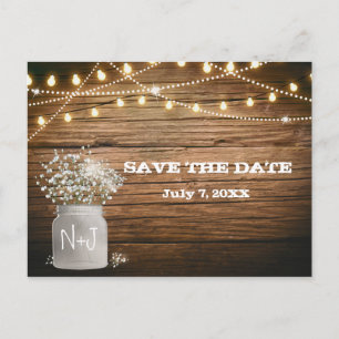 Baby's Breath Floral in Rustic Mason Jar & Lights Announcement Postcard