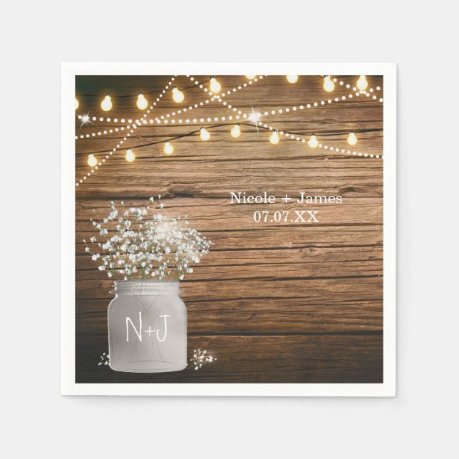 Baby's Breath Floral in Rustic Mason Jar & Lights Napkin (Front)