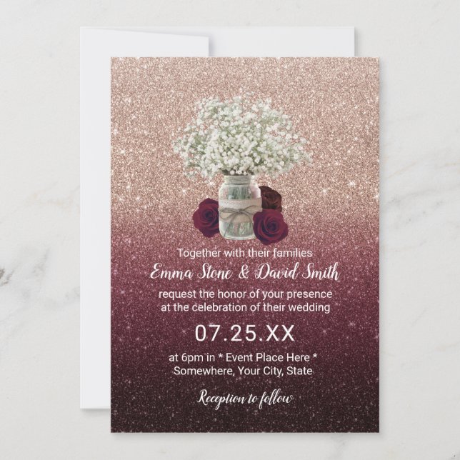 Baby's Breath Floral Jar Rose Gold Glitter Wedding Invitation (Front)