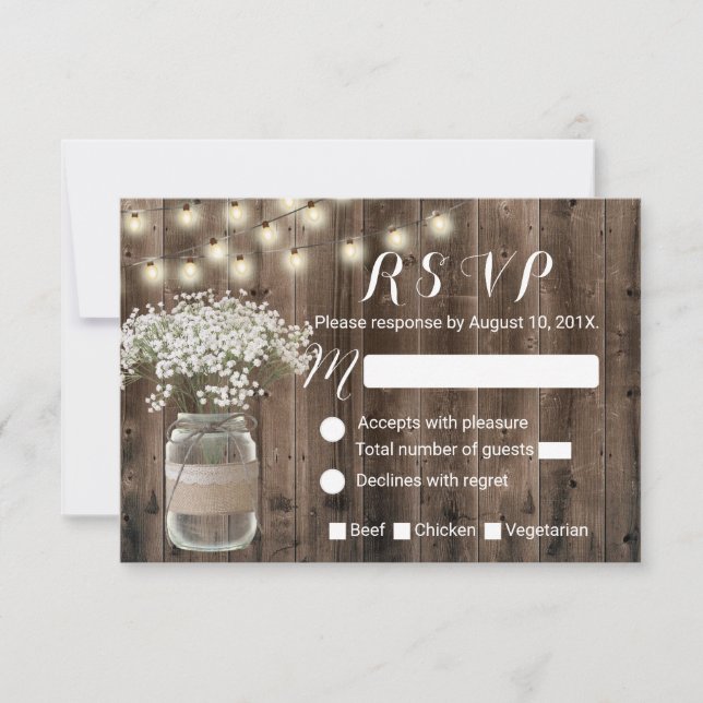 Baby's Breath Floral Jar Rustic Barn Wood RSVP Card (Front)