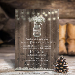Baby's Breath Floral Jar Rustic Barn Wood Wedding Invitation