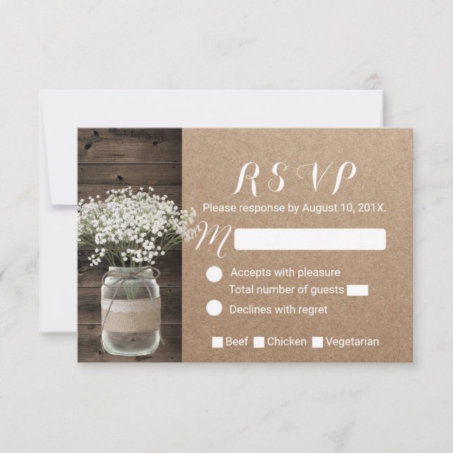 Baby's Breath Floral Jar Rustic Kraft RSVP Card (Front)