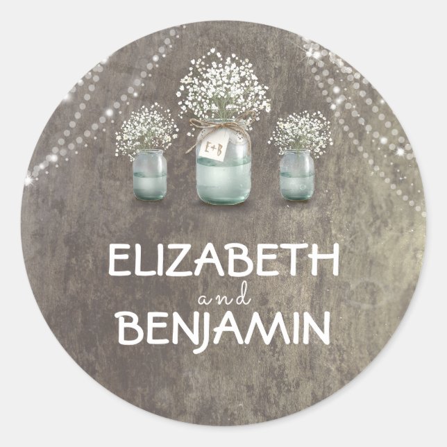 Baby's Breath Floral Mason Jar Rustic Wedding Classic Round Sticker (Front)