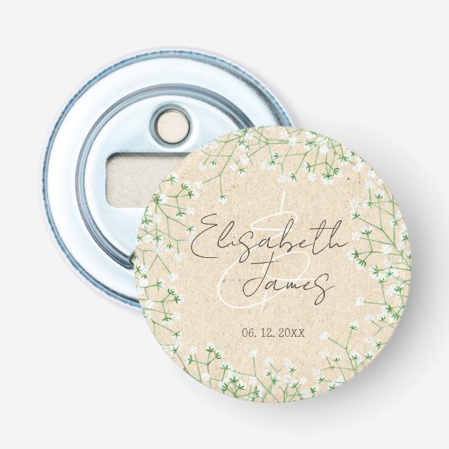 Baby's Breath Floral Rustic Boho Farmhouse Wedding Bottle Opener (Front)