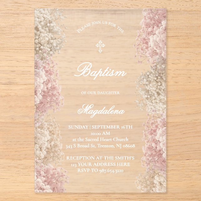 Baby's Breath flowers | baby girl Baptism Acrylic Invitations (Front)