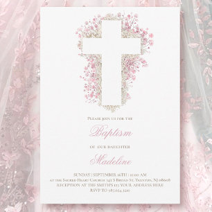 baby's breath flowers cross Baptism  Invitation