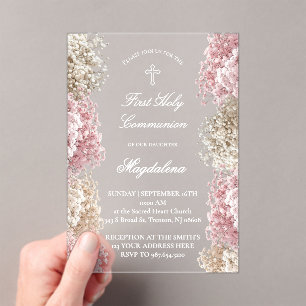 Baby's Breath flowers  First Communion Acrylic Invitations