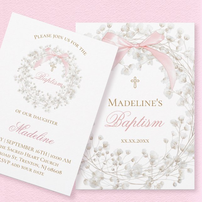 baby's breath flowers pink bow Baptism Invitation (Creator Uploaded)