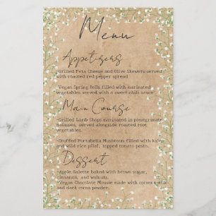 Baby's Breath Flowers Rustic Boho Wedding Menu