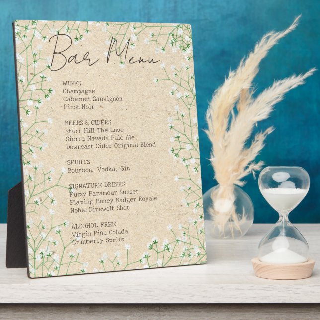Baby's Breath Flowers Rustic Wedding Bar Menu Sign Plaque (Side)