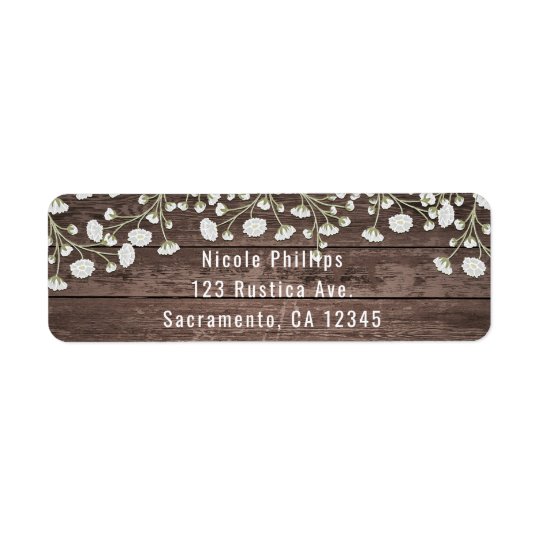 Baby's Breath Flowers Rustic Wood Bridal Shower Return Address Label