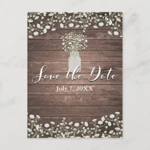 Baby's Breath Flowers Rustic Wood Save the Date Announcement Postcard