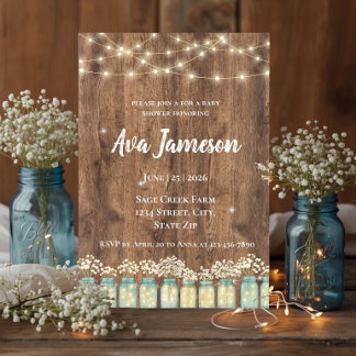 Baby's Breath Glowing Mason Jar Rustic Baby Shower Invitation