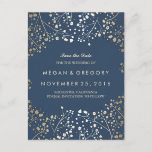 baby's breath gold and navy save the date announcement postcard