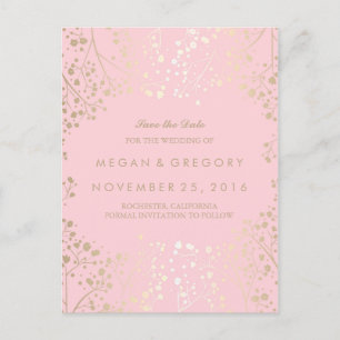 baby's breath gold and pink save the date announcement postcard