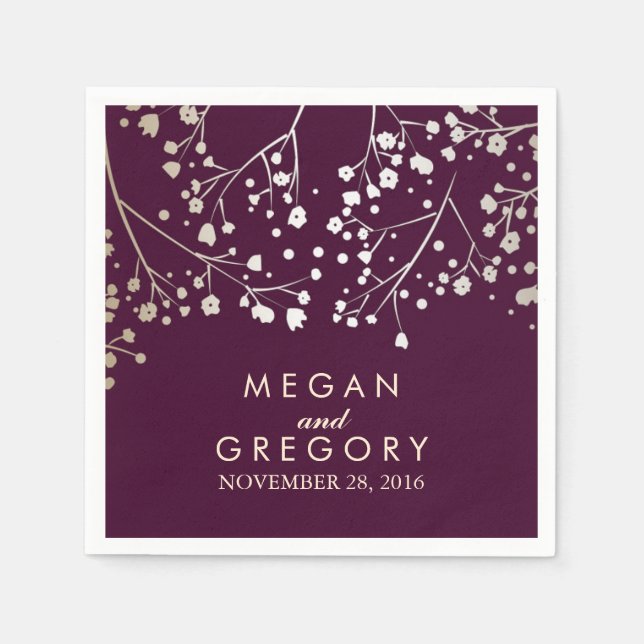 Baby's Breath Gold and Plum Wedding Napkin (Front)