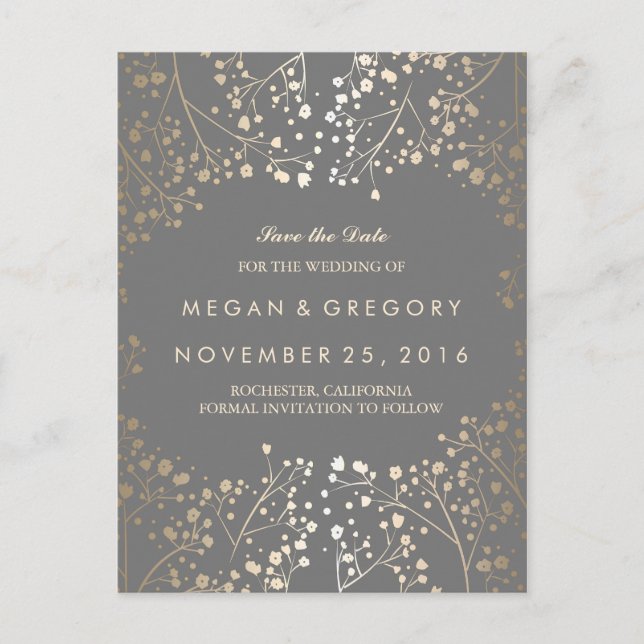 baby's breath gold foil save the date announcement postcard (Front)