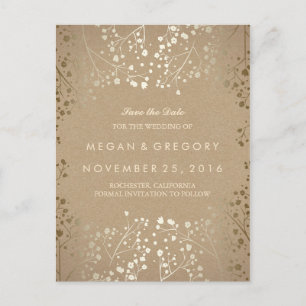 baby's breath gold kraft save the date announcement postcard
