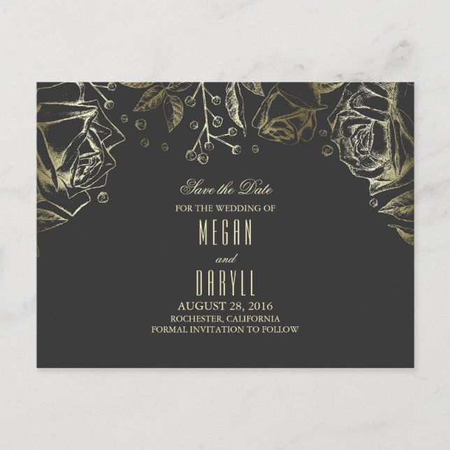 baby's breath gold roses save the date announcement postcard (Front)
